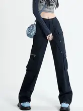 ドローストリング付きカーゴストレートデニムパンツ【ハイウエスト・ワイドレッグ・スリム効果】