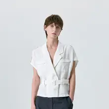 全麻製 ショルダーパッド付き ベルト付き フレンチラペル ホワイトシャツ【ハンター風・キューバカラー】
