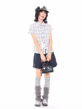 チェック柄 星柄飾り付きショートスリーブシャツ【女性用・シルエットにフィット・夏用】