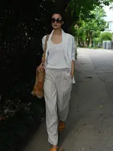 白色リネン製スーツキャミソール・カジュアルパンツ・ワイドレッグロングパンツ・ショートパンツ（セットアップ対応）