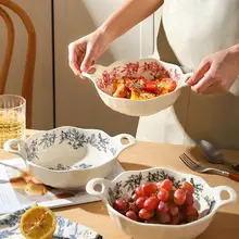フランス風 ヴィンテージデザインのダブルハンドボウル【陶器・フルーツサラダ・スープ・デザート用】