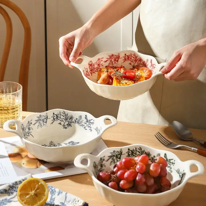 フランス風 ヴィンテージデザインのダブルハンドボウル【陶器・フルーツサラダ・スープ・デザート用】