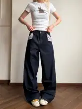 パリ風フラワープリントデニムパンツ【Aライン・ユニセックス・ストレートフィット】（セットアップ対応）