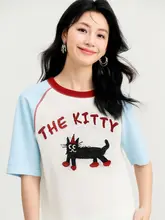 猫デザインのショートスリーブニット【トレンドカラー・ジャガード編み・ラグランスリーブ】