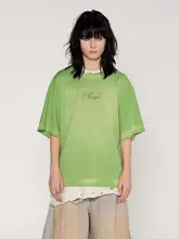 絶妙なグリーンのコントラストデザイン・ダメージ加工の短袖Tシャツ【ウォッシュ加工・ユーズド感あり】