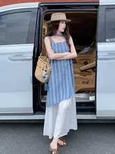 青いストライプのフェイクツーピースドレス【リゾートスタイル・ノースリーブ・スクエアネック・マイルドな印象】（セットアップ対応）