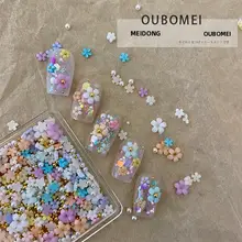 ネイルデコレーション 彩色の五弁花とパール・スチールビーズの混合デザイン【夏用】