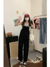 感あふれるワイドレッグオーバーオール【高腰・黒色・九分丈】（セットアップ対応）