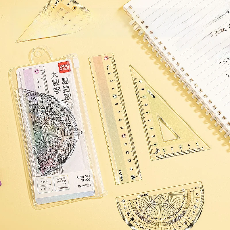 透明な三角定規と分度器付き学生用図面セット：幼児学習に最適な視認性と精度のバランス