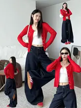 深い青色のワイドレッグデニムパンツ【ハイウエスト・ゆったりしたフィット・ストレートレッグ・夏用】