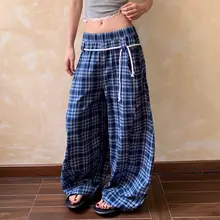 レトロチェック柄のカジュアルパンツ【女  性用・ストリートスタイル・ワイドレッグ・ゆったり・スリム効果】（セットアップ対応）