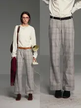 レトロチェック柄 レディース コットンリネン混合 ワイドパンツ【ストレートフィット・微フレア・カジュアル】