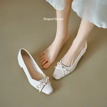羊革製 フラットバレエシューズ【リボン付き・粗いヒール・バレエスタイル】（セットアップ対応）