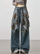 レディース デニム風レイヤードシャツ【チェック柄・ワイドレッグパンツ・フレアデザイン】（セットアップ対応）