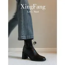 牛革製 ヴィンテージ風 ハイヒール ショートブーツ【スクエアトゥ・太ヒール・厚底】