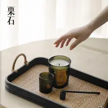 ウッド製ヴィンテージスタイル角型トレイ【茶室・藤編み・高級感】