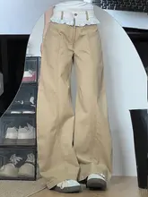 高身長向け ライトベージュレースフリル付きワイドレッグデニムパンツ【夏用・ゆったりストレート】（セットアップ対応）