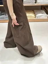 高ウエストワイドレッグデニムパンツ【カジュアル・深茶色・フィット】