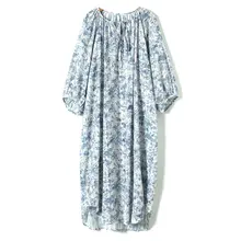 青磁花柄デザインのランタン袖五分袖ワンピース【ルーズフィット・ナチュラルスタイル】