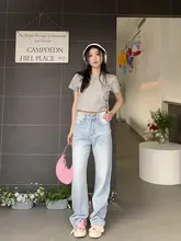 高腰シンプルデザインの淡色ワイドレッグデニムパンツ【女性用・秋冬・ストレート・体型カバー】