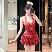 セクシーなハイネックワンピース水着【ドット柄・保守的デザイン・小胸をカバー】