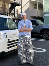 デニムパンツ メンズ レオパード柄 ヴィンテージウォッシュ ワイドパンツ ストレート ルーズ フロアレングス アメカジ