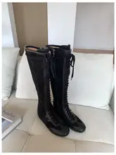 復古風バイカーブーツ【リボン付き・長筒・内増高・カジュアル】