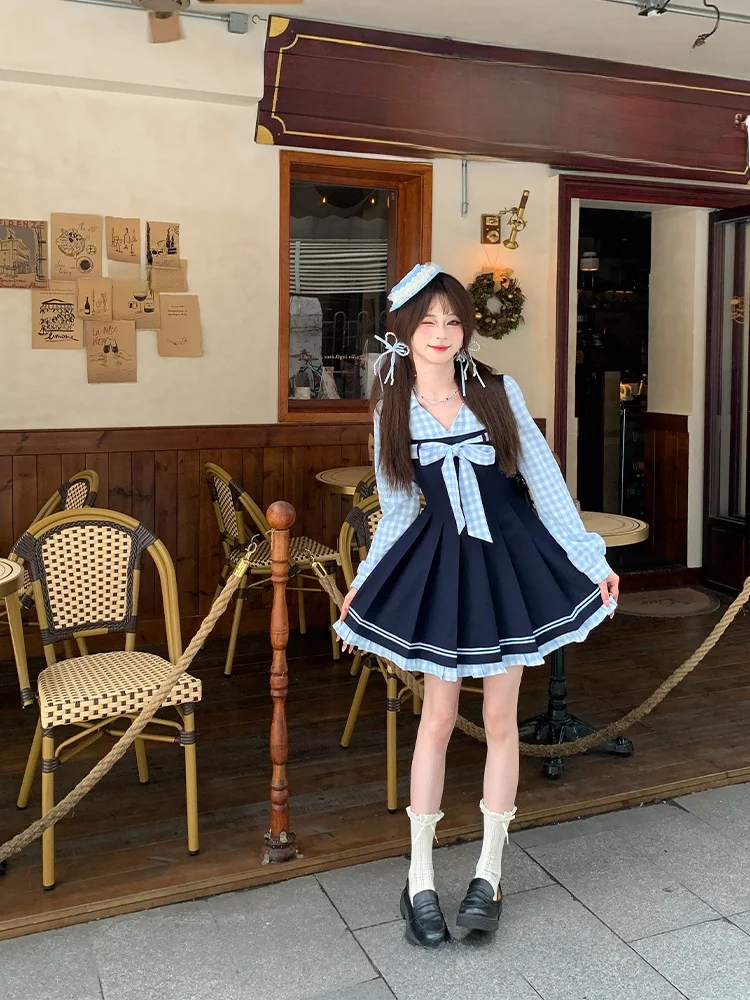 学院風ドッキングドレス：かわいい制服スタイルの春用セットアップ対応デザイン