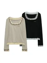 レースデザインのロングスリーブTシャツ【スクエアネック・フィット感・女性用】（セットアップ対応）