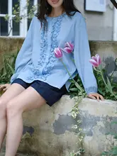 高島縮絹麻素材のドライタッチロングスリーブブラウス【花柄・ラウンドネック・ゆったり薄手】