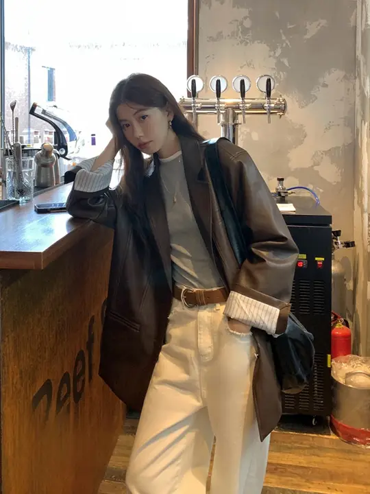 ブラウンレザーコート【レディース・韓国風・ヴィンテージ・ルーズフィット・中長丈】