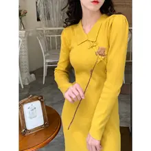 レトロな柔らかさ！ニットワンピース【改良チャイナドレス風・長袖・秋用】