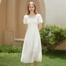 レーステープ付ボックスネックパフスリーブワンピース【ライセールとリネン素材・夏向け】（セットアップ対応）