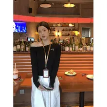 刺繍入りスラッシュショルダー長袖ニットトップス【春用・韓国風・甘美なデザイン】