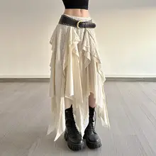 レトロデザインの不規則カットレース編みのミディスカート