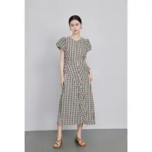 ウエストレースアップチェック柄ワンピース【夏用・短袖・ロング丈】