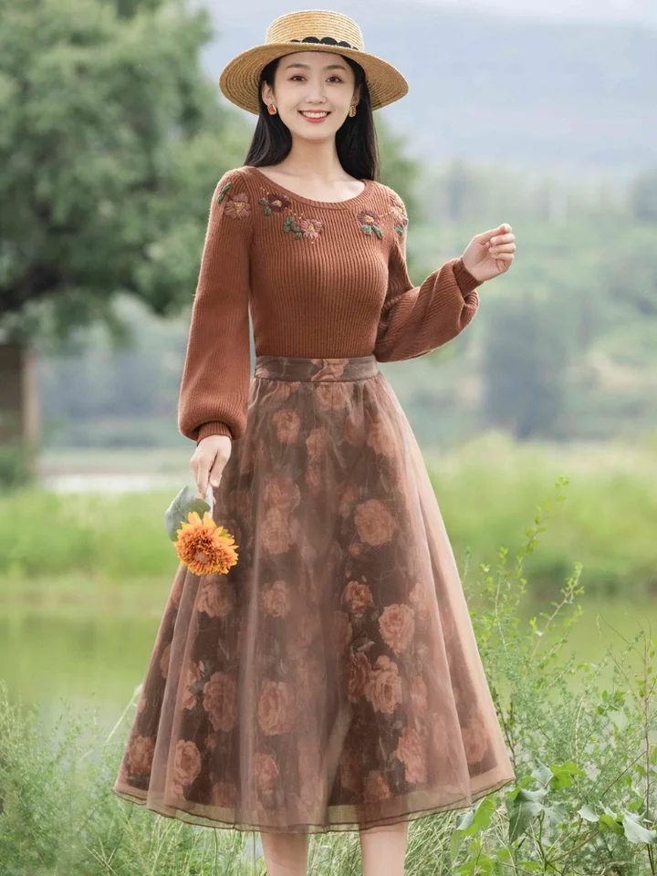 小柄女性向けニットデザインのセーターとスカート【秋季新作・極上の柔らかさ】（セットアップ対応）