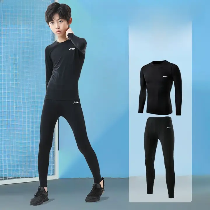 Li-Ning 子供用速乾Tシャツバスケットボールタイトフィットトレーニングウェア【長袖・ボトムス付き・サッカー・ランニング用】