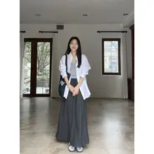 コットン混ドロップショルダー半袖ニット【Uネック・基礎デザイン・シンプル】とウエストゴム付きフレアスカート【伸縮性・女性用】
