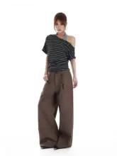 Y2KスタイルのレトロなショルダーオフTシャツ【掛け襟・女性用・街文化デザイン】（セットアップ対応）