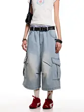 水洗加工のワークスタイルデニム七分丈パンツ【ユニセックス・アメリカンレトロ・ゆったりしたシルエット】