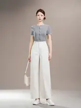 高級感あるミルクホワイトのスリムワイドパンツ【ハイウエスト・レディース用・トレンドデザイン】