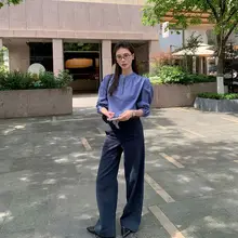 深い青のハイウエストリネンパンツ【ワイドレッグ・フィット・シンプルデザイン】