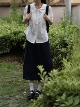 ダークブルー半身スカート【夏用・小柄向け・ドレープ感・コットン100%・白いダッペルカラーシャツ付き】