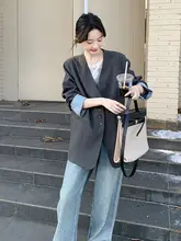 グレーのノーカラージャケット【韓国風・ファッション・カジュアル】