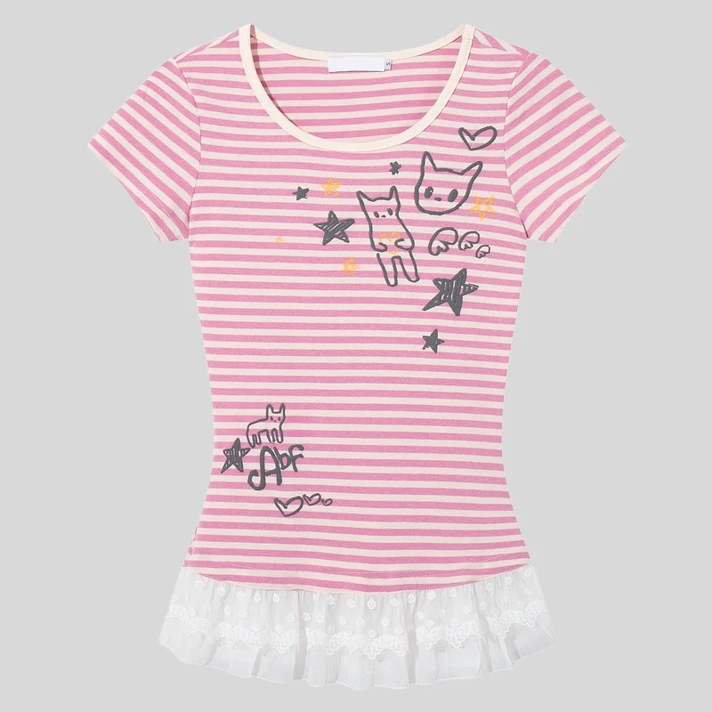 レース切り替えストライプ猫プリント半袖Tシャツ【夏用・フィット感・短丈】