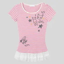 レース切り替えストライプ猫プリント半袖Tシャツ【夏用・フィット感・短丈】
