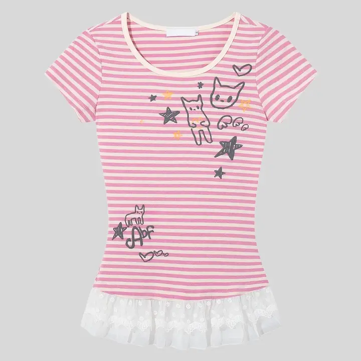 レース切り替えストライプ猫プリント半袖Tシャツ【夏用・フィット感・短丈】