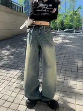 アメリカンスタイルのゆったりしたストレートデニムパンツ【ハイウエスト・ウォッシュ加工・レディース・フルレングス】