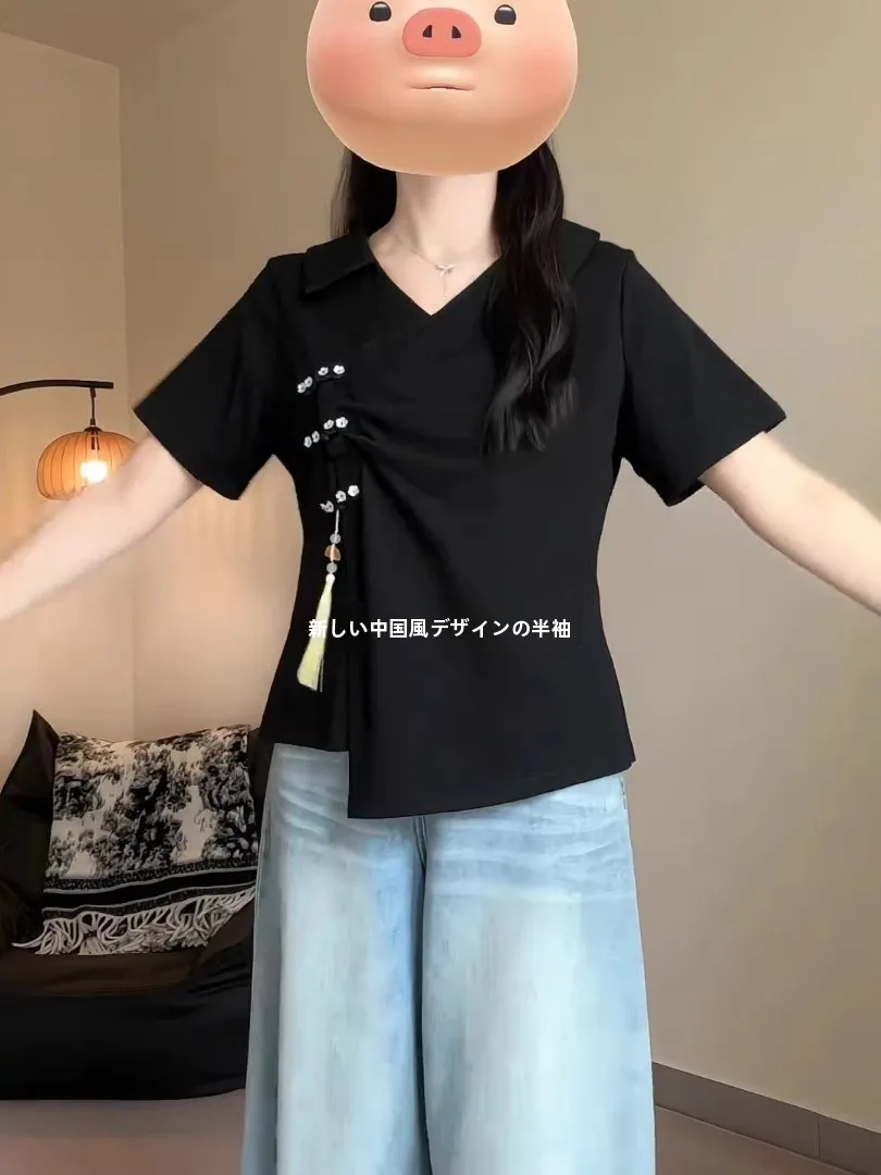 つけ襟 黒：新中式デザインの黒色コットンTシャツの実用性とファッションマッチング